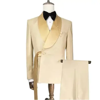 Belt Design Мъжки костюм 2 броя Ежедневни шал ревера тънък годни блейзъри за мъж парти младоженец сватбена рокля по поръчка костюм Homme