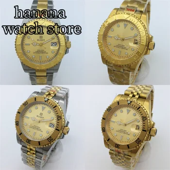 BLIGER Luxury All Yellow Gold Silver Gold 40mm Japan NH35A Механичен водоустойчив часовник за мъже Сапфирено стъкло Светеща автоматична дата