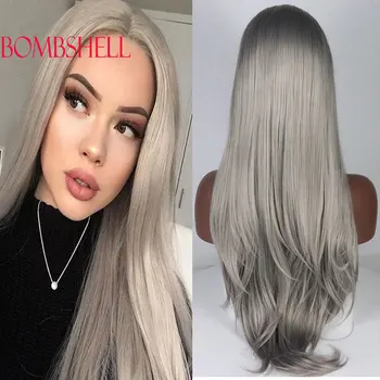 Bombshell Silver Grey Straight Glueless Synthetic 13X4 Lace Front Wigs Висококачествени топлоустойчиви влакна Pre Plucked за жени