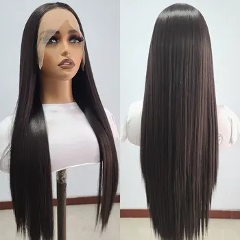 Bombshell направо синтетичен 13X4 дантела фронт перука лепило най-високо качество топлоустойчиви влакна естествен hairline за черни жени перуки