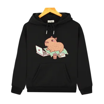 Capybara обича да пие балон чай качулки деца дълъг ръкав суитчъри случайни момчета и момичета сладко облекло есенни пуловери