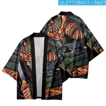 Cartoon Demon Samurai Printed Japanese Kimono Beach Shorts Harajuku Cardigan Women Men Casual Loose Streetwear Yukata
