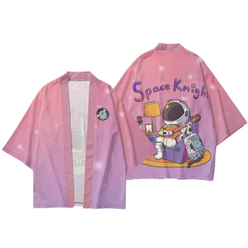 Cartoon Space Kinght Printed Gradient Двойка Мъже Жени Жилетка Yukata Kimono Streetwear Традиционно азиатско облекло