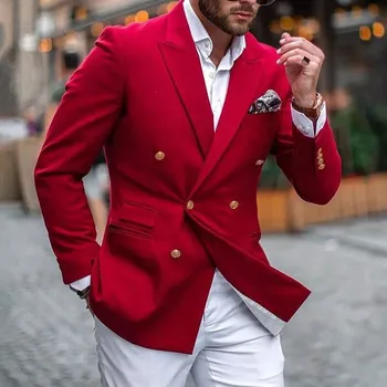 Casual червени двуреден мъжки костюм с бели панталони Slim Fit Prom младоженец смокинги сватбено облекло 2 парчета моден блейзър