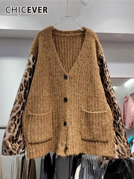 CHICEVER Реколта леопард плетене жилетка за жени V врата дълъг ръкав еднореден снаждане джобове хит цвят пуловер женски