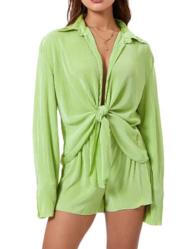 CHQCDarlys 2 Piece Outfits For Women Lounge Sets Fashion Casual Long Sleeve Knot Font Shirt and Shorts Set Плажно облекло