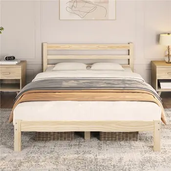 Country Style Масивни дървени ламели Поддържаща рамка за легло с облицована дървена табла, без кутия Необходима пролет Лесен монтаж Queen