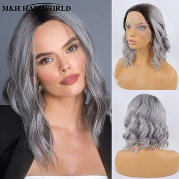 Dark Roots Grey Short Bob Wig Ombre Natural Wave Synthetic Lace Front Wigs For Women 13x3 Cosplay Glueless Lace Frontal Wigs
