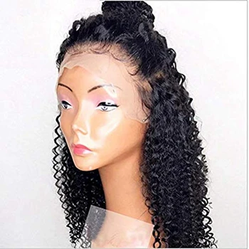 DLME синтетична дантела предна перука дълги извратени къдрави синтетични перуки с бебешка коса за жени естествена линия на косата черна дантела перука
