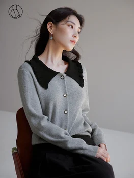 DUSHU контрастиращ цвят плетена жилетка за жени зимен шик дизайн игриво намаляване на възрастта вълна смесени пуловер жилетка женски