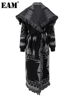 [EAM] Черен голям размер плетене дълъг Thtick жилетка пуловер хлабав ревера дълъг ръкав жени нова мода пролет есен 2024 1DH2277