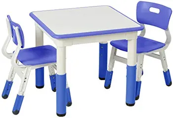 ECR4Kids Dry-Erase квадратна маса за активност с 2 стола, регулируема, детски мебели, синьо, 3-парче