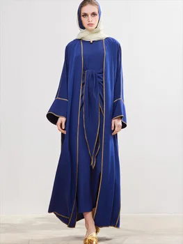 Eid Open Abaya 2 парче съвпадение мюсюлмански комплект кимоно Abayas за жени Дубай хиджаб вътрешна рокля обвивка предната пола исляма скромен облекло