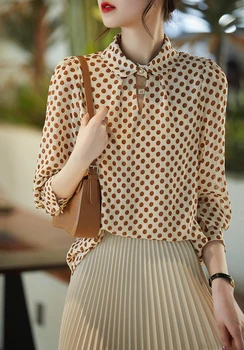Fashion луксозна дамска риза Франция стил жена печат блуза Пролет Есен Дълъг ръкав Върховете blusa mujer