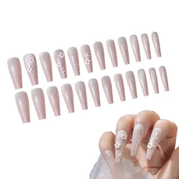 Flower Press On Coffin Nails 24 бр. Непрозрачни нокти за многократна употреба, пастелни нокти за многократна употреба, за многократна употреба & без мирис жени момичета стик-на ноктите