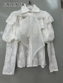 GALCAUR Твърди пачуърк дантела нагоре ризи за жени ревера дълъг ръкав еднореден случайни минималистичен темперамент блуза женски