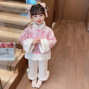 Girl's Hanfu Новогодишно облекло Комплект зимни бебешки Tang рокля Удебелена детска розова цвете Две части плюшени панталони етнически Clothi