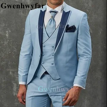 Gwenhwyfar Fashion Smart Business Sky Blue Costume Homme Wedding Men Suits Peak Lapel Groom Tuxedos Terno Masculino Prom Blazer