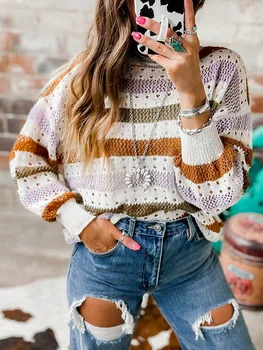 Gypsylady Retron раирани плетени хлабав пуловер пуловер многоцветен кух навън есен пролет жени пуловери O-образно деколте дами пуловер
