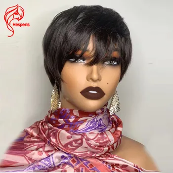 Hesperis Pixie Cut Short Bob Human Hair Wig With Bangs For Black Women Бразилски Remy Full Machine Made Wig With Bangs 99j