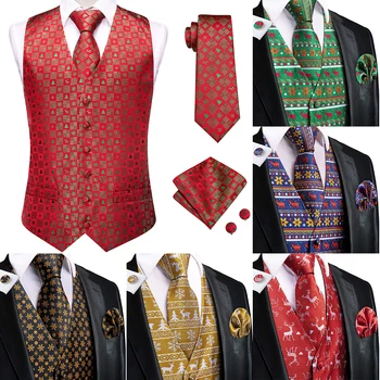 Hi-Tie класически червен Коледа мъже жилетка коприна вратовръзка бизнес официална рокля без ръкави яке 4PC ханки копче за ръкавели Paisley костюм жилетка
