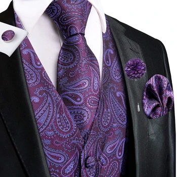 Hi-Tie тъмно лилаво мъжки жилетки коприна Пейсли v-образно деколте жилетка вратовръзка ханки копчета за ръкавели брошка комплекти за мъже костюм сватба официален бизнес