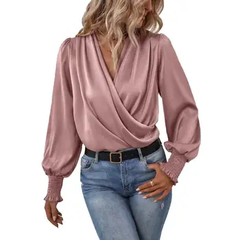 Holiday Casual Chic Shirt Дамска блуза Елегантен V-образно деколте фенер ръкав Commuter Party Плътен цвят Топ blusa mujer moda 2023