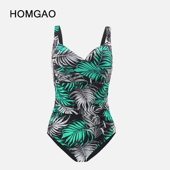 HOMGAO Ретро тропически листа Жени 2023 Едно парче бански секси корема контрол бански костюми натиснете нагоре боди бански костюм Плажно облекло
