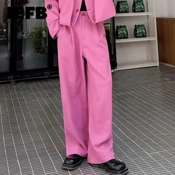 IEFB нагънат мъжки прав костюм панталони корейски стил плътен цвят бутон мъже широк крак панталон случайни пролетта нов стилен 2024 9C4313