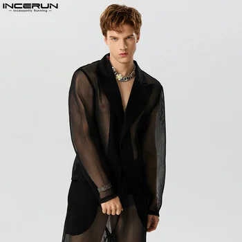 INCERUN Върхове 2023 Американски стил мъжки модерен секси перспектива мрежест костюм свободно време гореща продажба мъжки дълъг ръкав нетактичност S-5XL