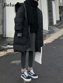 Jielur нов корейски хлабав парка жена зимата плътен цвят прост основен връхни дрехи парки бежово бяло черно мода дамско палто