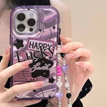 Korea English Letter Star Purple Clear Phone Case For iPhone 14 13 11 12 Pro Max 8 Plus XS Mirror Film Love Heart Lanyard Cover