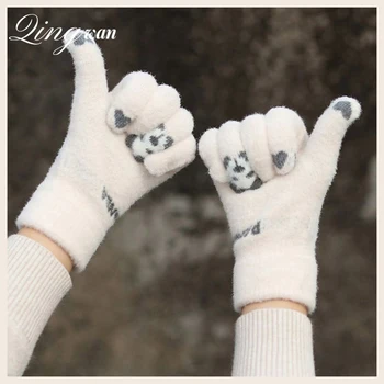 Kpop Зимни анимационни панда ръкавици за мъже и жени Студентски сензорен екран Пет пръста плетени плюшени ръкавици Външни ръкавици за колоездене