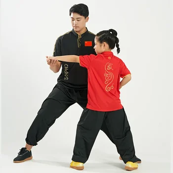 Kun Master Възрастни и деца Еластична униформа за бойни изкуства Тай Чи дрехи Ушу облекло Къс ръкав Кунг-фу рокля 2023 Ново