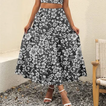 Lace-Up High Waist Floral Print Skirt за жени 2024 Летен плаж Бохо Неправилна линия Случайни Fairycore Midi поли Жени