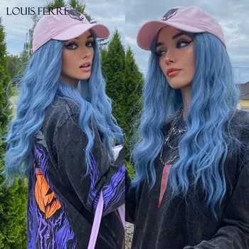 LOUIS FERRE Дълга синя водна вълна Cosplay синтетична перука Blue Daily перуки с бретон за жени колоритен парти топлоустойчива коса