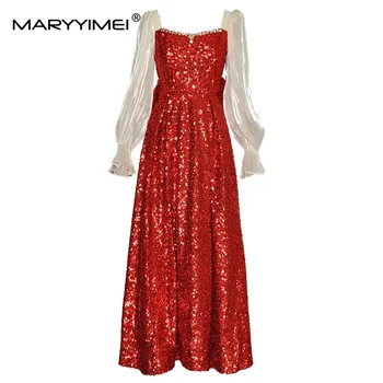 MARYYIMEI Мода Есен Дамска рокля Кристал квадратна яка фенер ръкави Draw низ лък секси пайети парти рокли