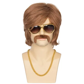 Miss U Hair Mens Mullet Wig 70's Short Wavy Brown Wigs for Men with Retro Glasses Gold Necklace Mustache