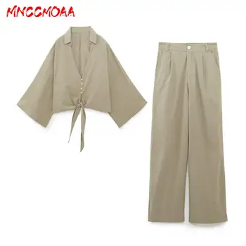 MNCCMOAA-Дамски твърди ленени ризи и панталони с висока талия, дамски панталони, лятна мода, 2024