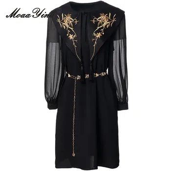 MoaaYina есен моден дизайнер черен реколта снаждане рокля жени о врата бродерия метална верига събрани талията тънък мини рокля