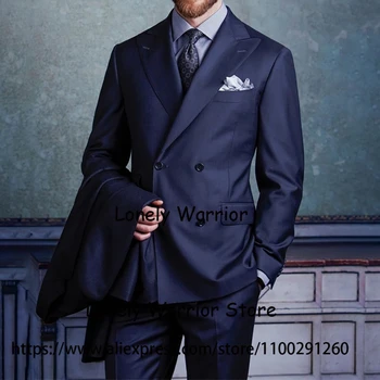 Navy Blue мъжки костюм двуреден сватбен младоженец Tuxedo Business Blazer Slim Fit Daily 2 Piece Set Jacket Pants Terno Masculino