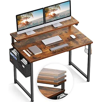 ODK компютърно бюро с регулируеми рафтове за монитори, 40 инчово бюро за домашен офис със стойка за монитор, бюро за писане, учебна работна станция