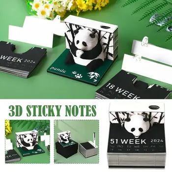 Omoshiroi Block 3D бележник 3D арт календар 2024 Panda Note Blocks Подарък Лепкава 3D бележка Kawaii Модел Хартия Дърворезба Memo Pad 3 L9S8