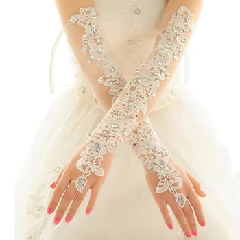 Opera дължина дълга сватбена рокля ръкавици кристали диамант марля бродерия елегантен дамски дантела булчински ръкавици на едро евтина цена