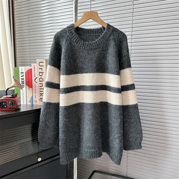 oversize хлабав дълъг пуловер пуловер женски корейски есен раирани джъмпери райета сив цвят srteetwear пуловери свитер