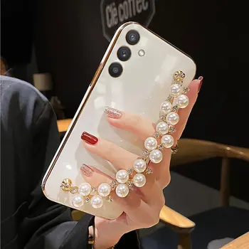 Pearl Chain каишка за китка телефон случай за Samsung Galaxy M23 F23 A42 S23 S21 S20 FE S22 Ultra S9 S8 S10 Plus A91 мек капак