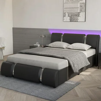 Queen размер модерен LED легло рамка тапицирана платформа легло с табла