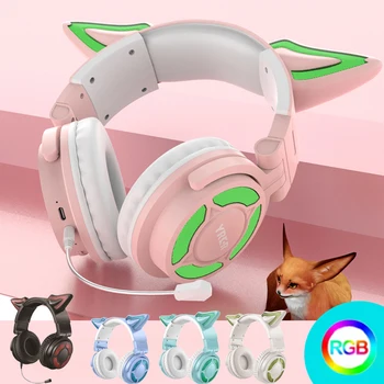 RGB котка ухо слушалки безжичен Bluetooth 5.3 слушалки с подвижен ENC микрофон HiFi стерео музика игра слушалки най-добър подарък