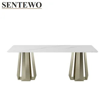 SENTEWO Ltalian Луксозна мраморна маса за хранене 6 стола за хранене от неръждаема стомана Златни базови маси Мебели за дома Meuble De Cuisine