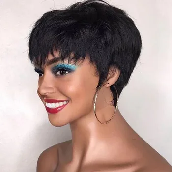 Short Pixie Cut Wig Човешка коса за черни жени Машинно изработени перуки с бретон Перука без лепило Перуки от човешка коса